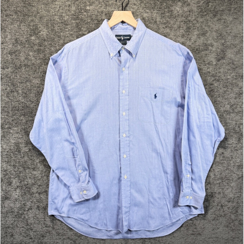 Ralph Lauren Yarmouth Vintage Shirt XL 17 34/35 Blue Herringbone Hong Kong Pony